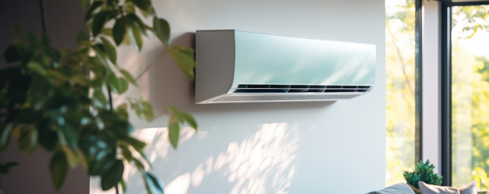 Airco-binnenunit aan de muur van een woonkamer