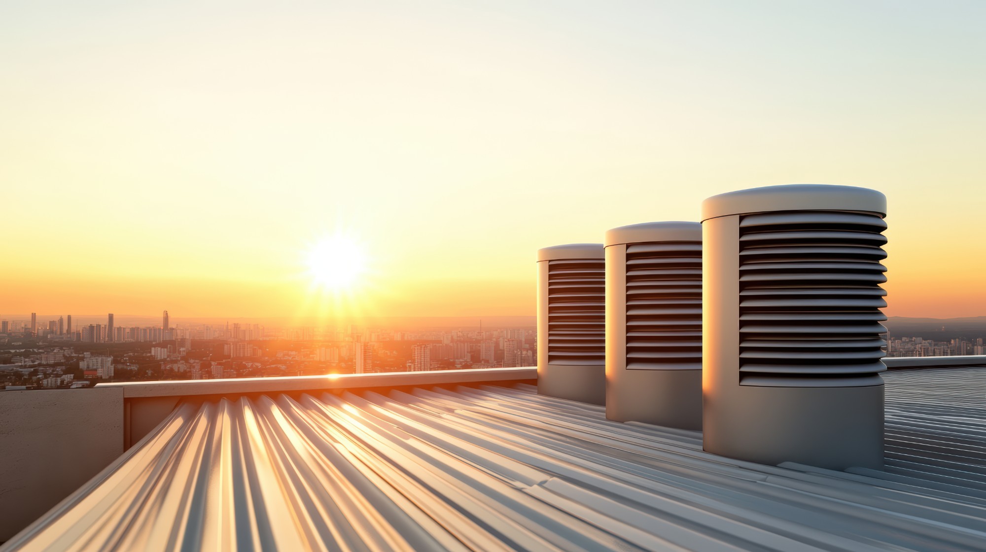 Ventilatie op een plat dak bij zonsondergang